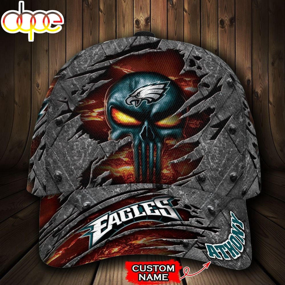 Custom Name NFL Philadelphia Eagles Skull All Over Print 3D Classic Cap