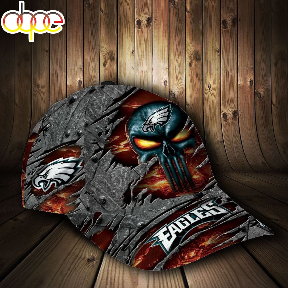 Custom Name NFL Philadelphia Eagles Skull All Over Print 3D Classic Cap