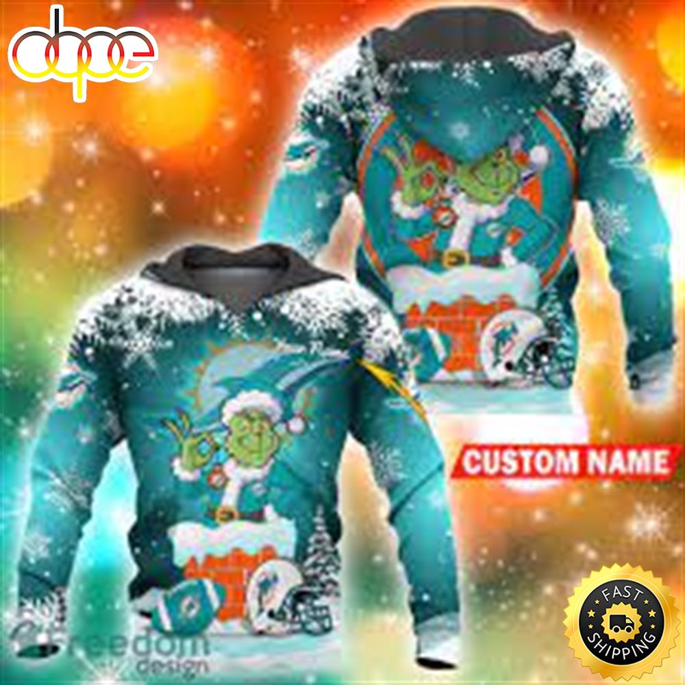 Miami Dolphins NFL Christmas Grinch in Chimney 3D Hoodie Pullover Prints Custom Name
