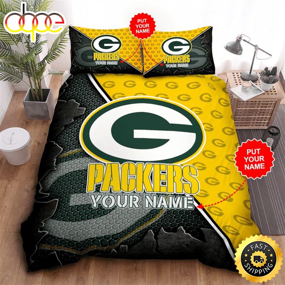 NFL Green Bay Packers Custom Name Green Yellow Bedding Set