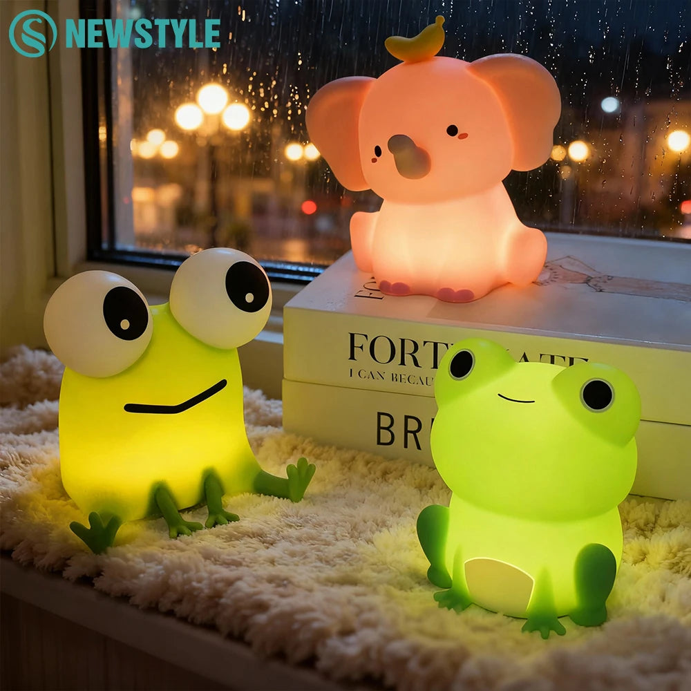 Cute LED Novelty Animal Night Light Dimmable Soft Silicone Nursery Nightlight For Kids Rechargeable Bedroom Touch Beside Lamp