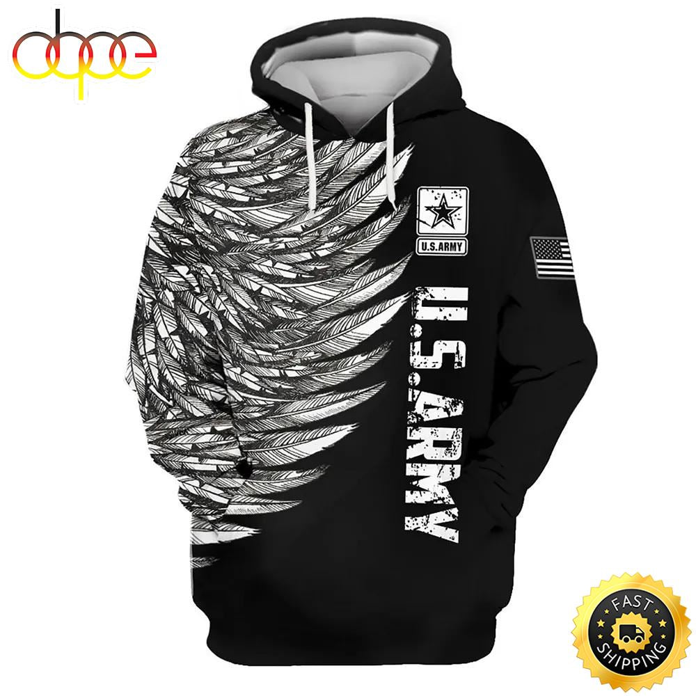 Veteran U.S Army Black And White Feather 3D Hoodie All Over Printed