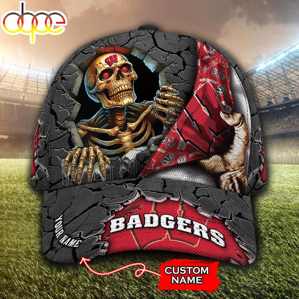Custom Name NCAA Wisconsin Badgers Skeleton Halloween Classic Cap