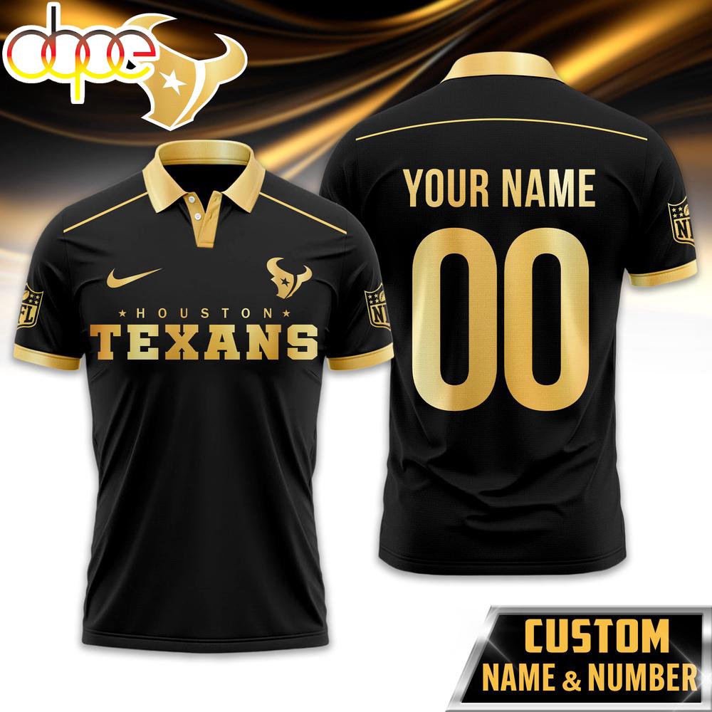 Custom Name Number Houston Texans NFL Black And Gold Polo Shirt