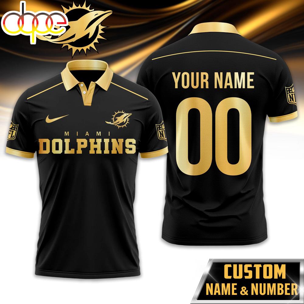 Custom Name Number Miami Dolphins NFL Black And Gold Polo Shirt