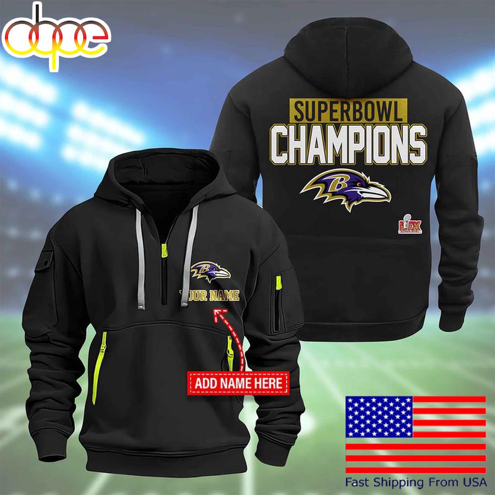 NFL Baltimore Ravens Custom Name Super Bowl LIX Quarter Zip Hoodie