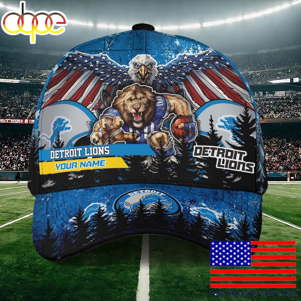 NFL Detroit Lions Mascot Logo Custom Name Baseball Cap  For Fans