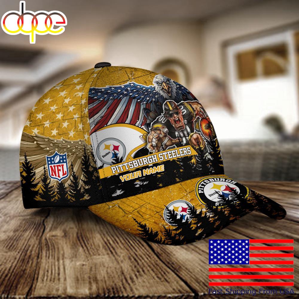 NFL Pittsburgh Steelers Mascot Logo Custom Name Baseball Cap  For Fans