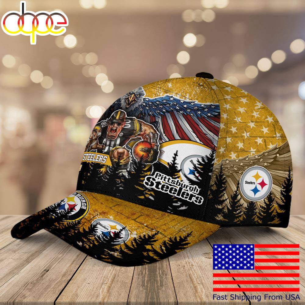 NFL Pittsburgh Steelers Mascot Logo Custom Name Baseball Cap  For Fans