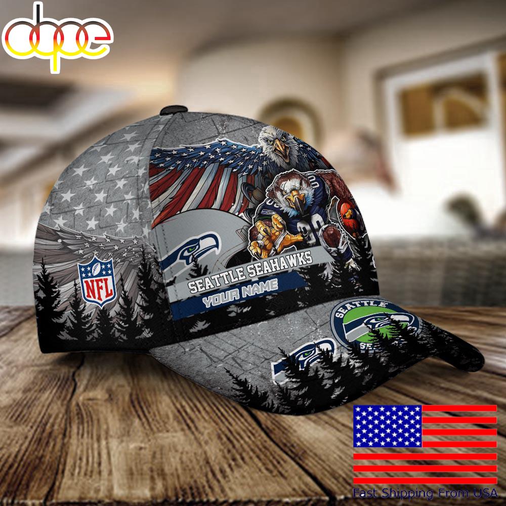 NFL Seattle Seahawks Mascot Logo Custom Name Baseball Cap  For Fans